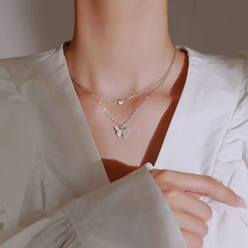 钛钢项链 【C2】精美时尚蝴蝶双层项链气质百搭套链