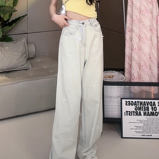 【蓉蓉专属】RX0313宽松显瘦蝴蝶结浅色牛仔裤女垂感拖地窄版阔腿裤