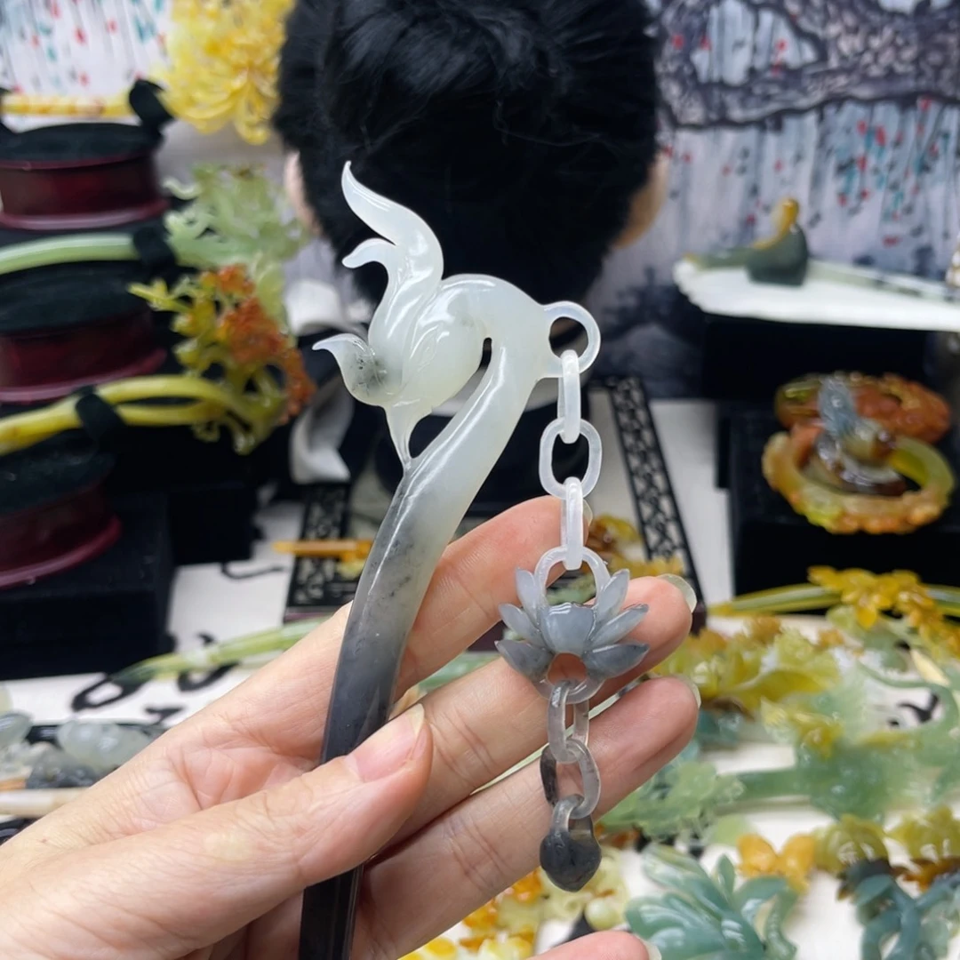 【闪购商品】蛇纹石玉发饰合金?***鸾