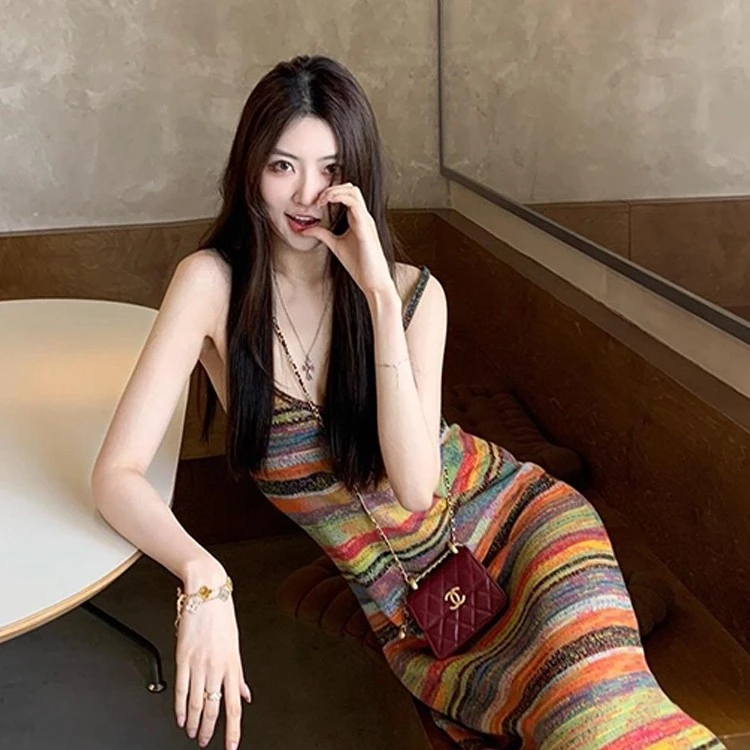 1469度假风法式彩虹条纹针织吊带连衣裙子质感高级感女装夏季新款