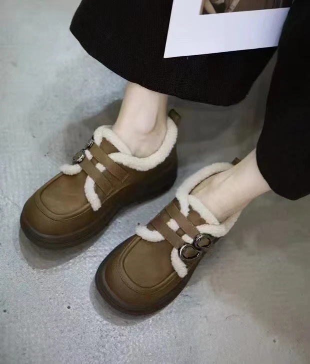 【欧货】欧洲站真皮厚底保暖乐福鞋羊羔毛加绒小皮鞋女秋冬