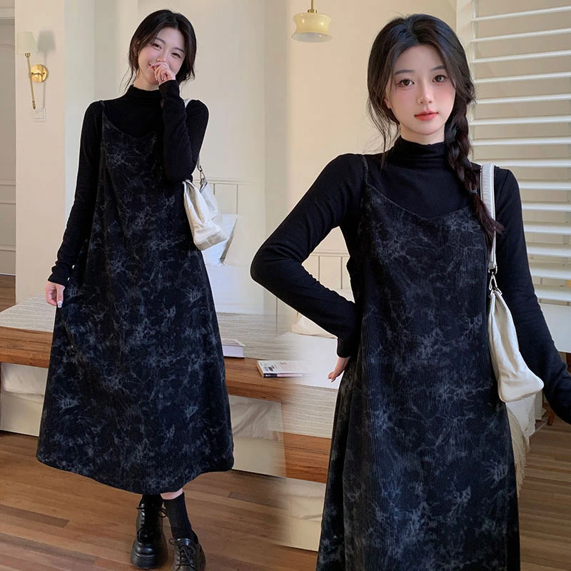 【苏遇婉】2024秋冬新款韩版孕妇装打底衫晕染吊带连衣裙显瘦洋气