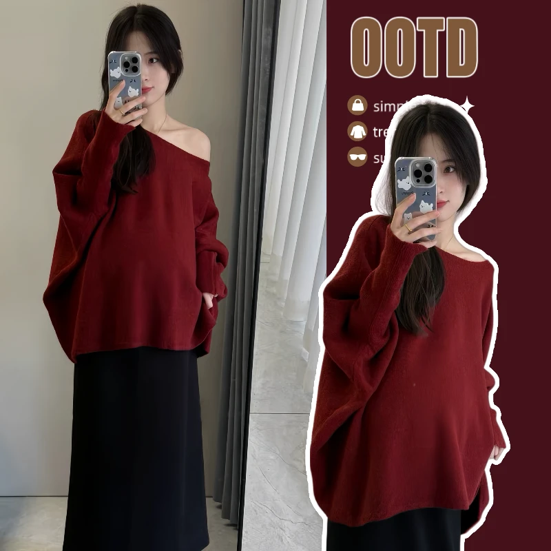 【苏遇婉】2024秋冬洋气孕妇装慵懒风韩版红色上衣+黑色开叉半身裙