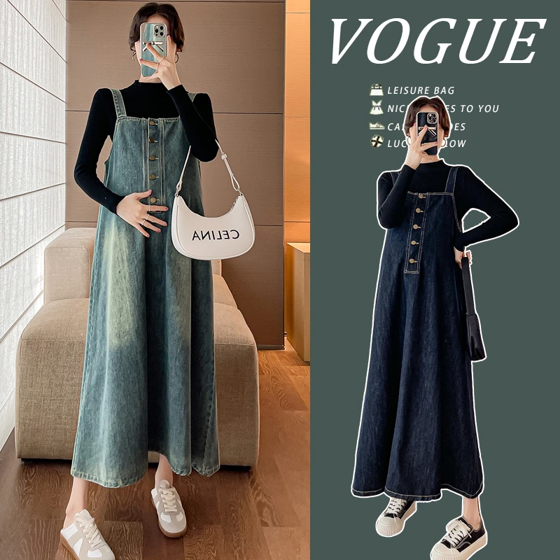 【苏遇婉】孕妇春秋显瘦时尚复古牛仔吊带裙宽松