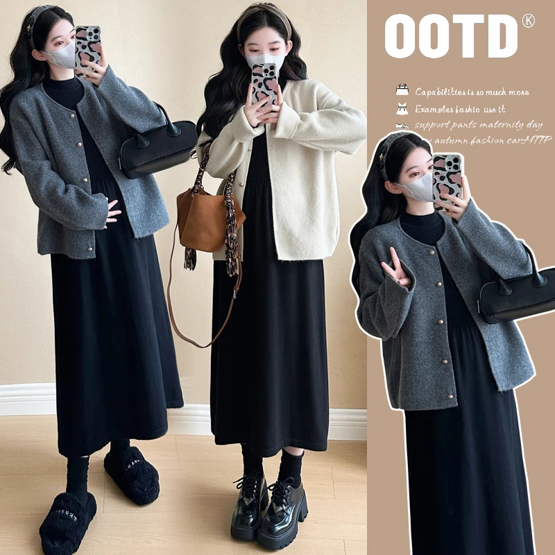 【苏遇婉】2025秋冬孕妇时尚外出加厚开衫外套宽松遮肚孕妇连衣裙