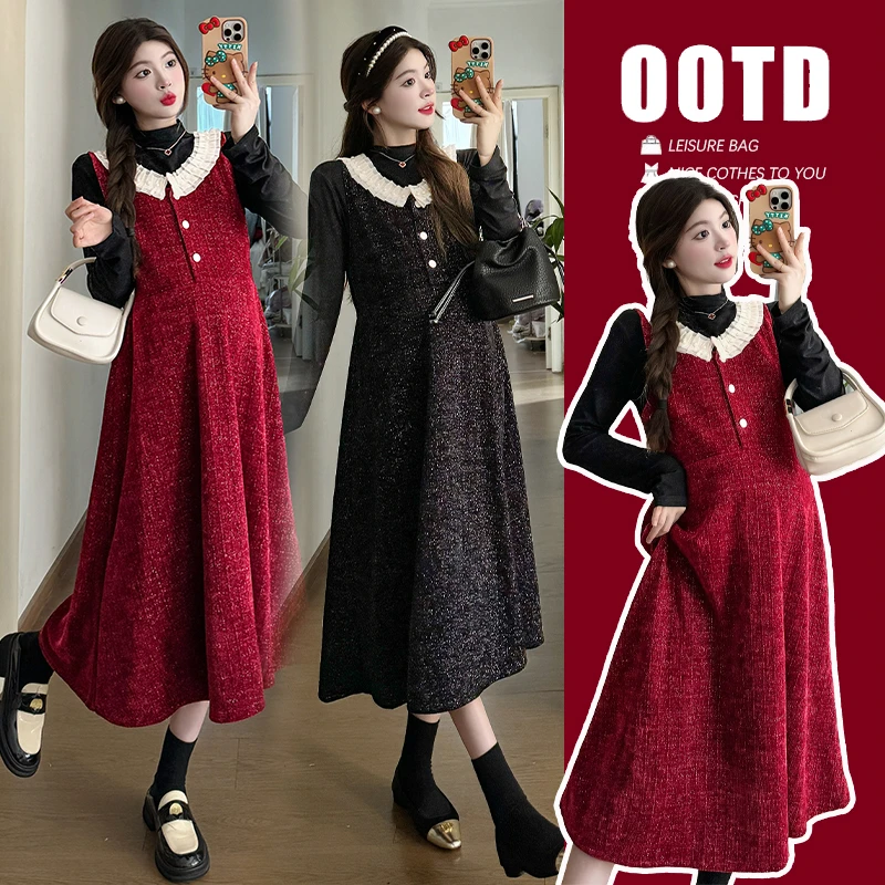 2024秋冬装新款荷叶领洋气孕妇连衣裙两件套