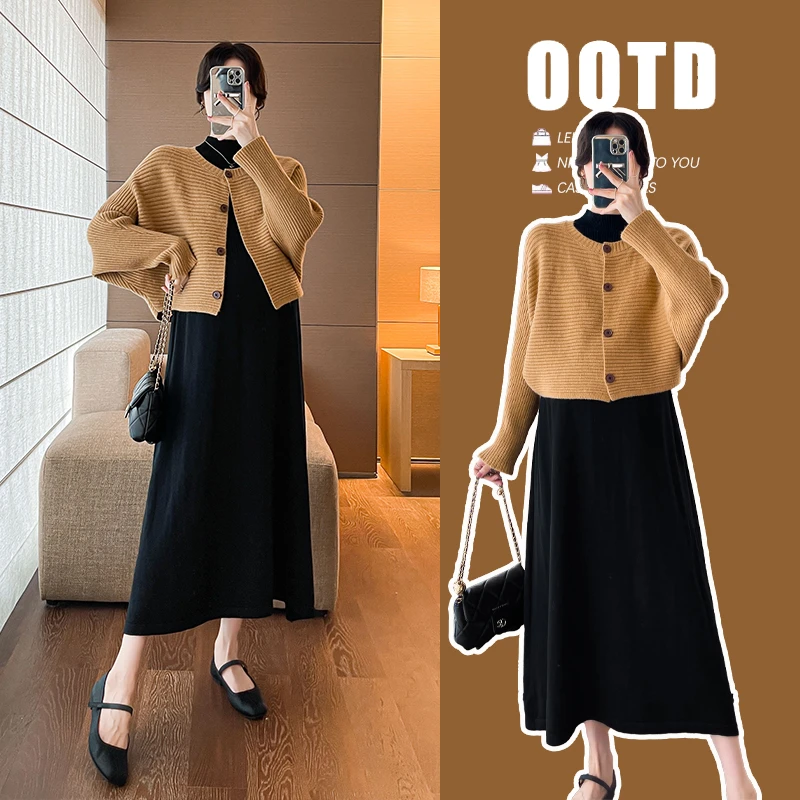 【苏遇婉】网红孕妇装慵懒风外套+黑色打底连衣裙孕妇两件套