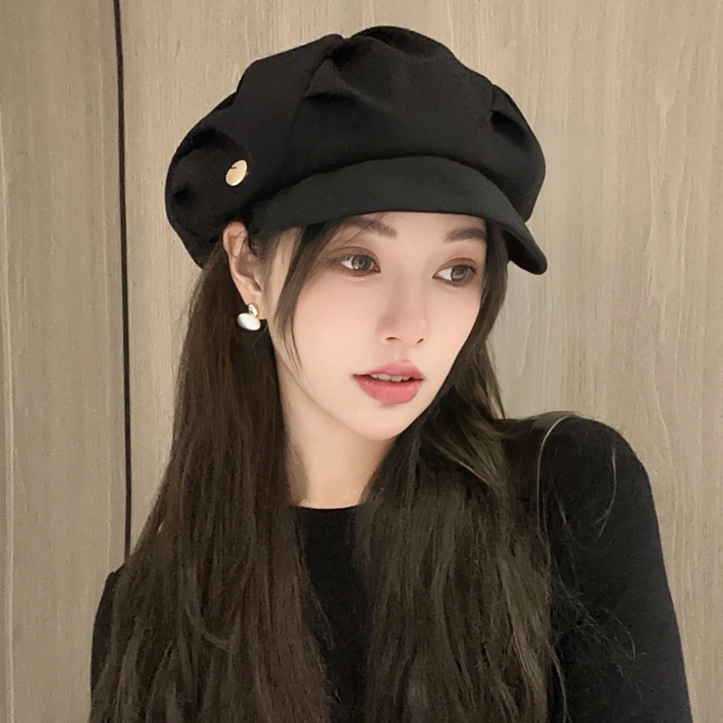 贝雷帽子女2023新款春秋大头围日系夏季显脸金属标黑色报童八角帽