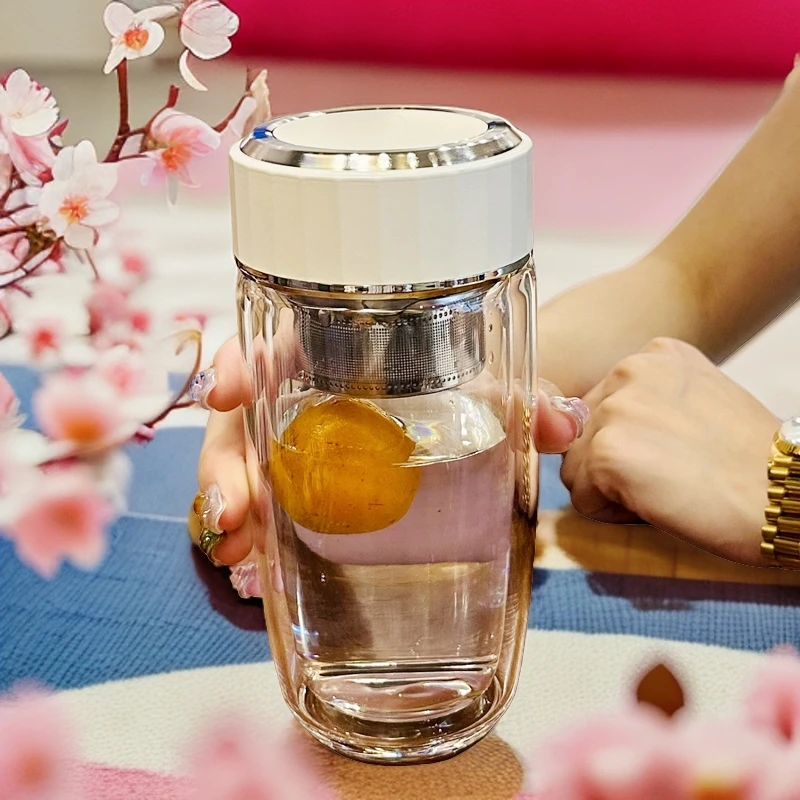高档双层玻璃杯女耐高温加厚家用大容量隔热带盖过滤透明女士定制