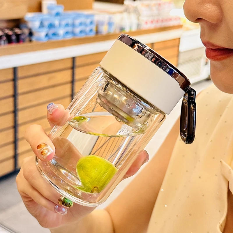 高颜值双层玻璃杯女士水杯个人专用茶水分离泡茶杯子便携小巧迷你