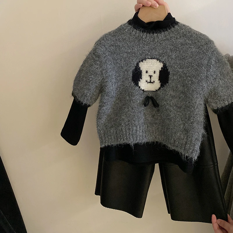zR24464女童小狗五分袖针织毛衣2024秋冬装打底衫加绒皮裤套装