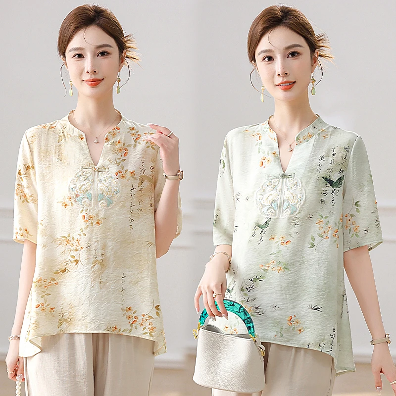 妈妈夏装新中式上衣洋气时尚中老年女装夏季短袖T恤小衫