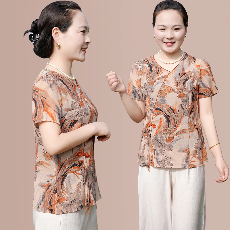 中年妈妈夏装洋气花色中老年女装短袖T恤夏季印花薄款