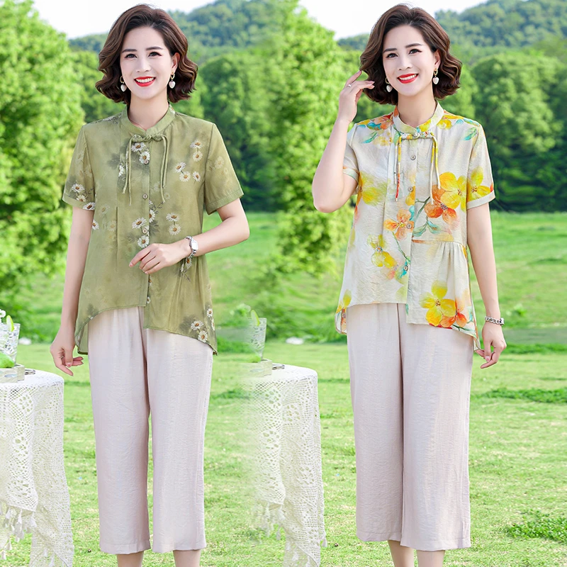 母亲节妈妈夏装短袖T恤套装洋气2025新款中老年女人夏季上衣两件