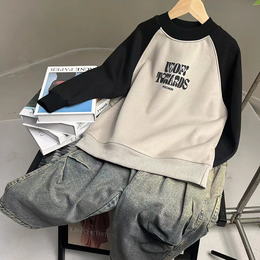 xt102熊同学男童拼色卫衣加绒加厚秋冬新款字母立体印花设计款潮