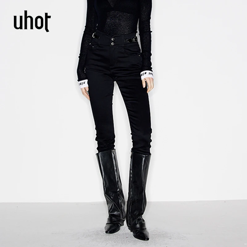 uhot 黑色黑色高腰百搭显瘦紧身小脚牛仔九分裤品质女装UWSW2K343