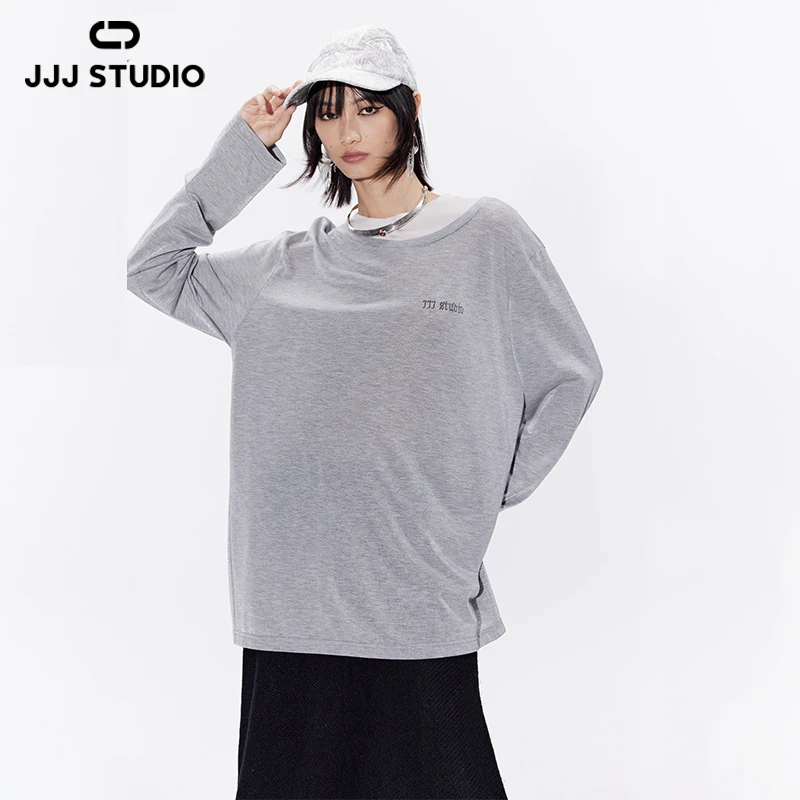 JJJ STUDIO 灰色长袖休闲百搭简约经典纯色宽松圆领T恤JLWSA1T229