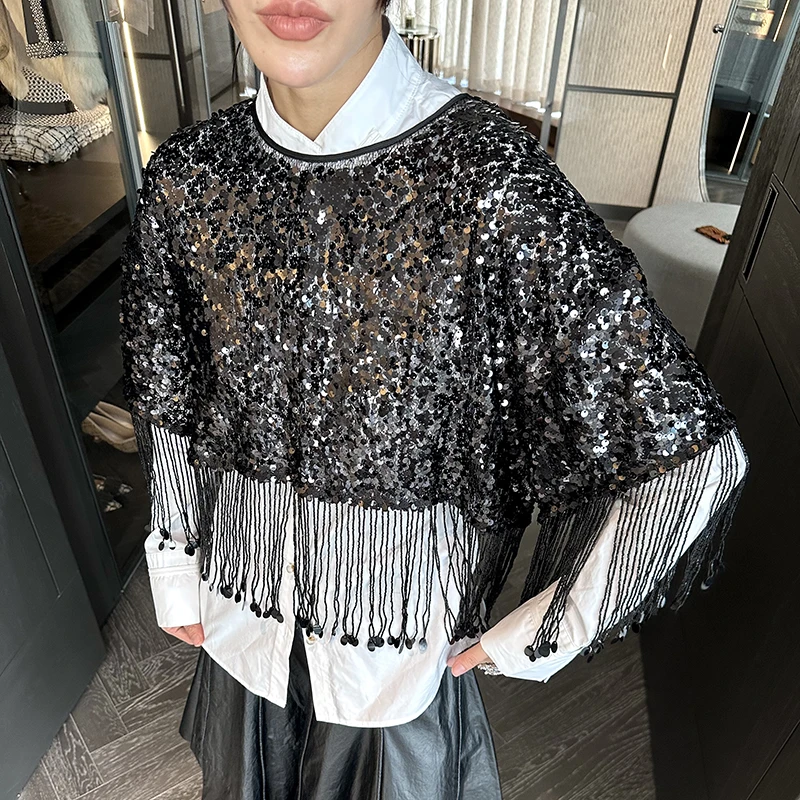 姝繁 繁星点点✖亮片流苏黑色古典气质韵雅时尚长袖上衣SDWFA1N694