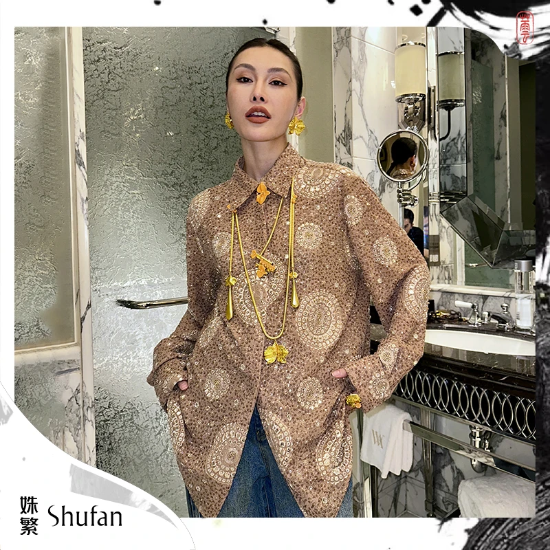 姝繁 咖色新中式立体装饰烫钻长袖休闲时尚百搭衬衫女 SLWFW1C718