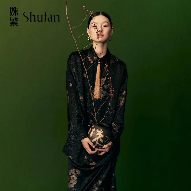 姝繁 花色新中式烫金印花轻奢立裁长袖衬衫女 配：流苏 SLWFR1C668
