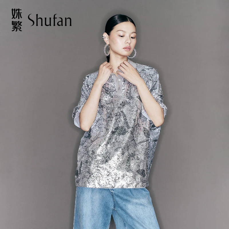 姝繁 银色新中式亮片绣花简约慵懒感POLO领落肩袖上衣 SLWFR1N670