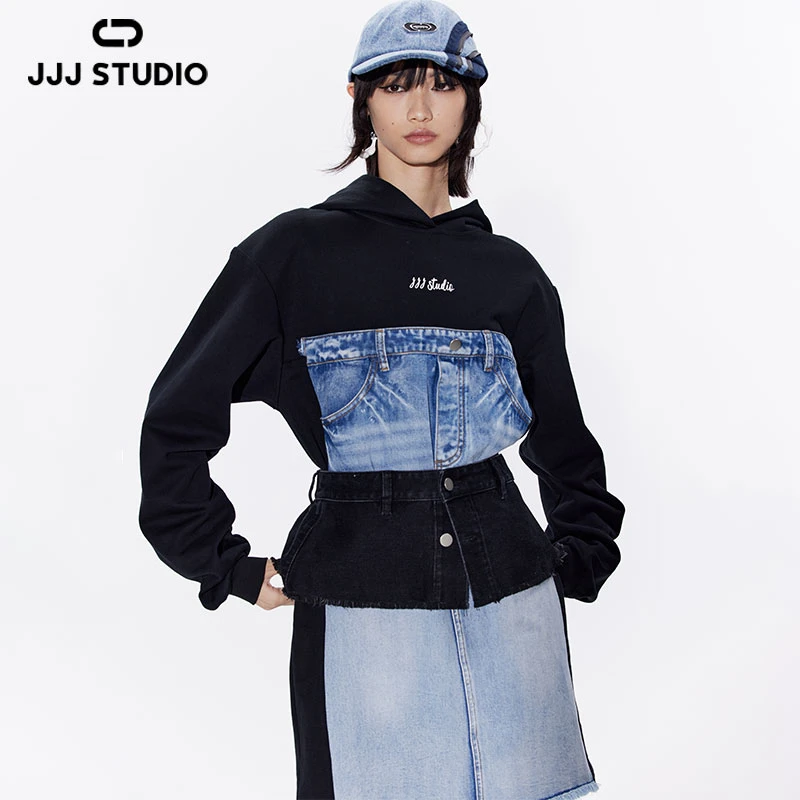 JJJ STUDIO 蓝黑色趣味牛仔裤印花百搭连衣裙 配：腰封 JDWSA1L254