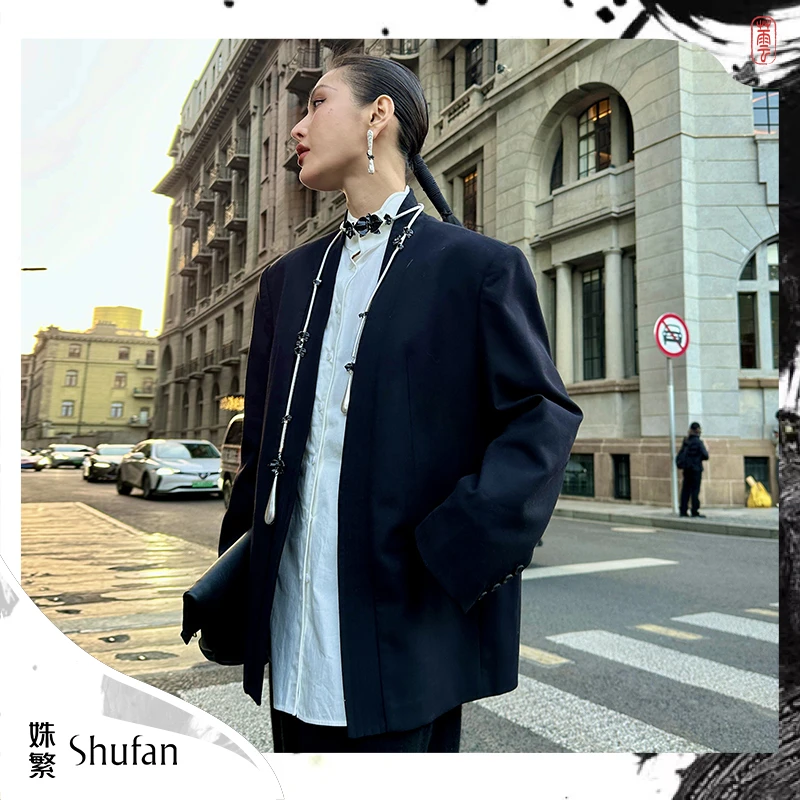 姝繁 打破常规✖黑色极简设计气质轻奢设计无领西装外套SDWFW1W721