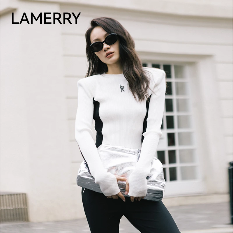 LAMERRY 白黑撞色拼接显瘦圆领百搭毛针织衫女 配：肩棉 LWSA3Z047
