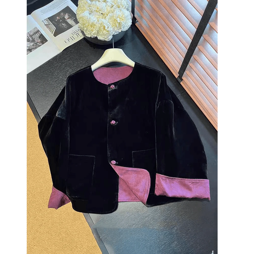 新中式上衣中国风女装黑色丝绒两面穿时尚外套独特早秋新款唐装