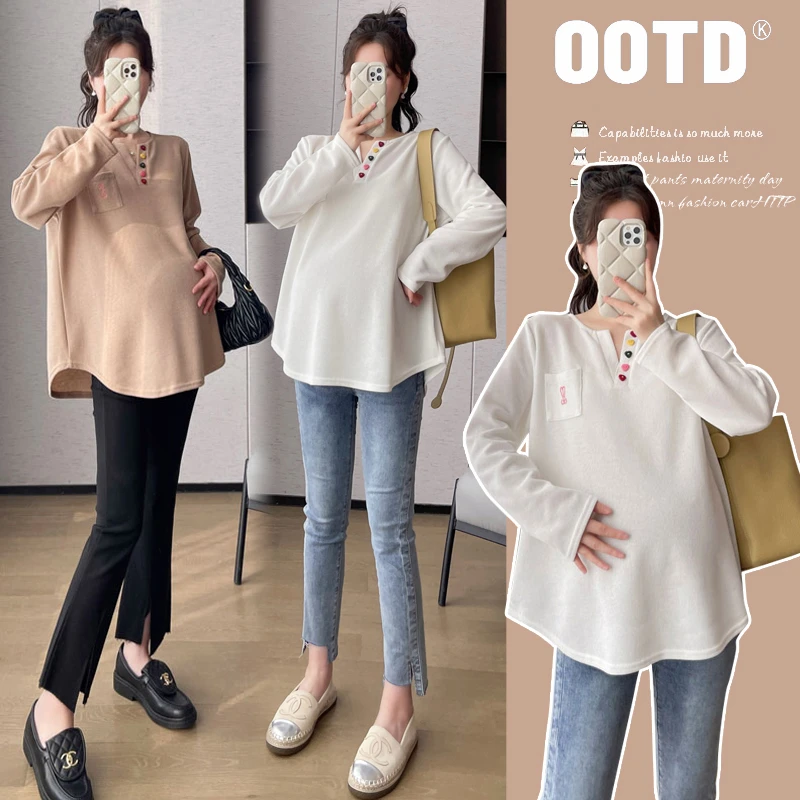 2025春秋季新款孕妇休闲V领时尚甜美刺绣宽松洋气孕妇T恤长袖卫衣