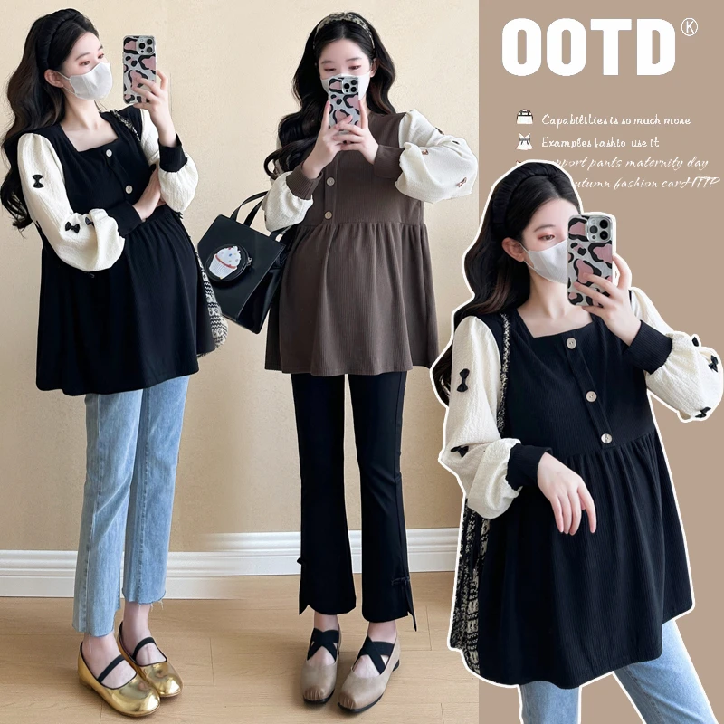 2025春季新款孕妇韩版撞色美拉德气质时尚宽松小香风娃娃衫上衣女