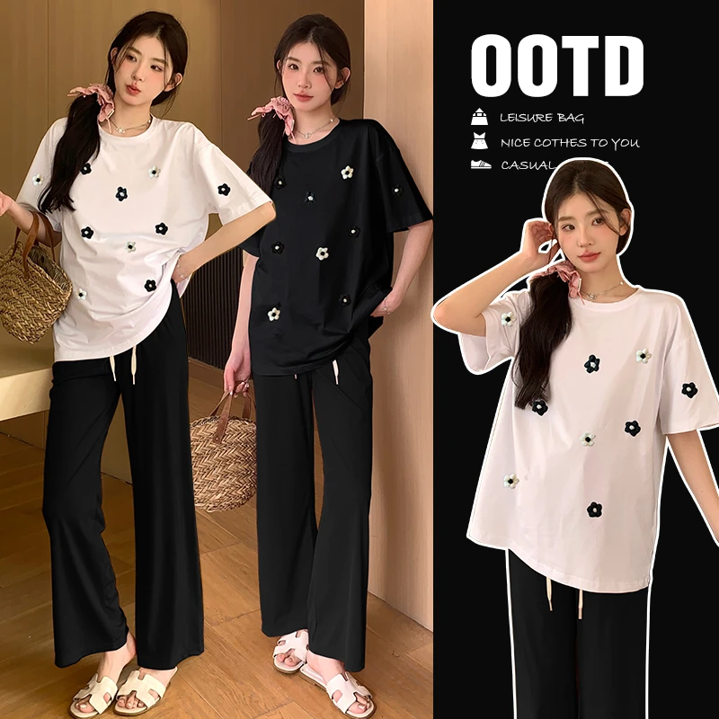 孕妇夏装短袖圆领立体小花2024新款休闲宽松夏季薄款T恤夏上衣女