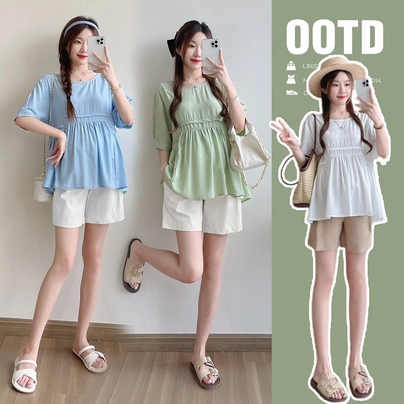 孕妇装夏季2024新款夏天薄款时尚洋气时髦上衣夏装短裤显瘦潮妈款