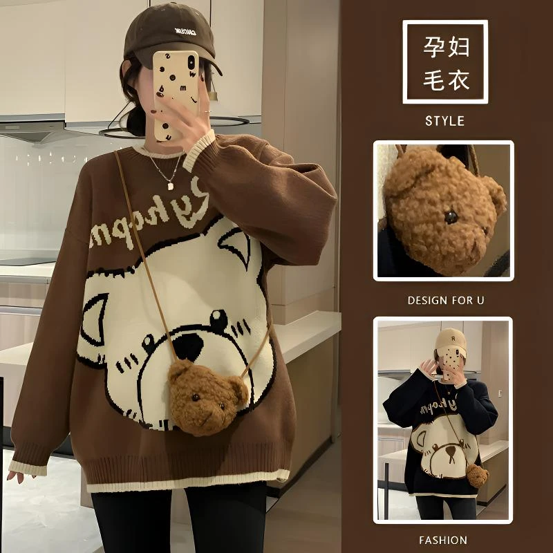 孕妇装秋冬新款韩系慵懒风毛衣时尚宽松百搭长袖中长款针织上衣