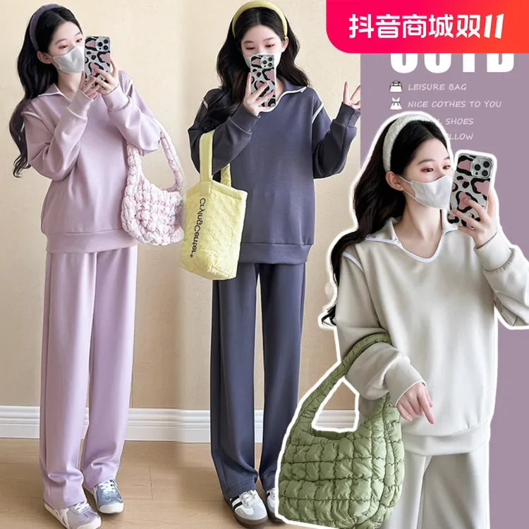 孕妇套装秋冬外穿2024新款时尚翻领上衣时髦卫衣抽绳阔腿裤两件套