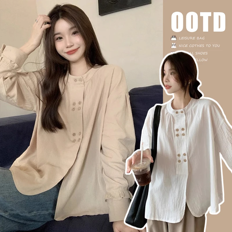 2024新款孕妇上衣秋季时尚衬衣复古设计双排扣圆领宽松孕妇衬衫女