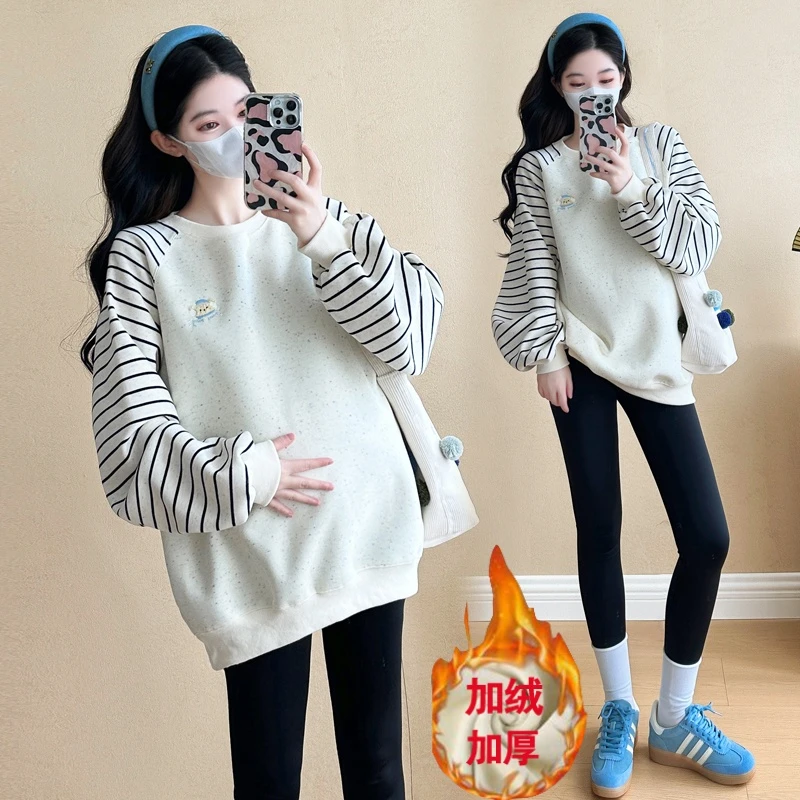 2024春秋款孕妇装刺绣工艺宽松圆领时尚孕妇条纹卫衣宽松孕妇上衣