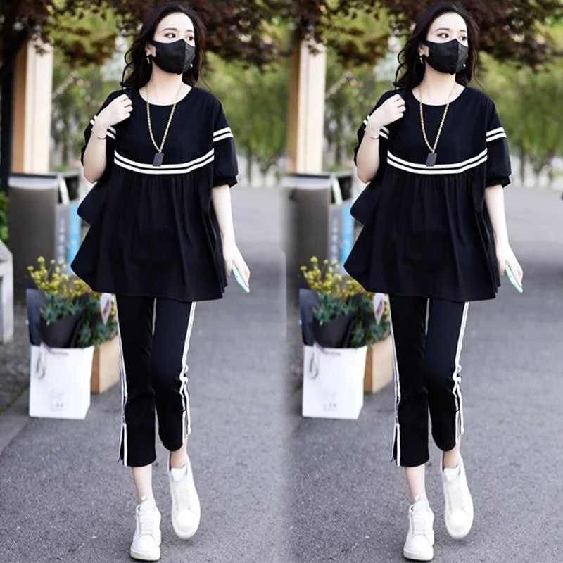 孕妇装新款休闲套装夏季韩版宽松遮肚时尚洋气条纹孕妇两件套套装