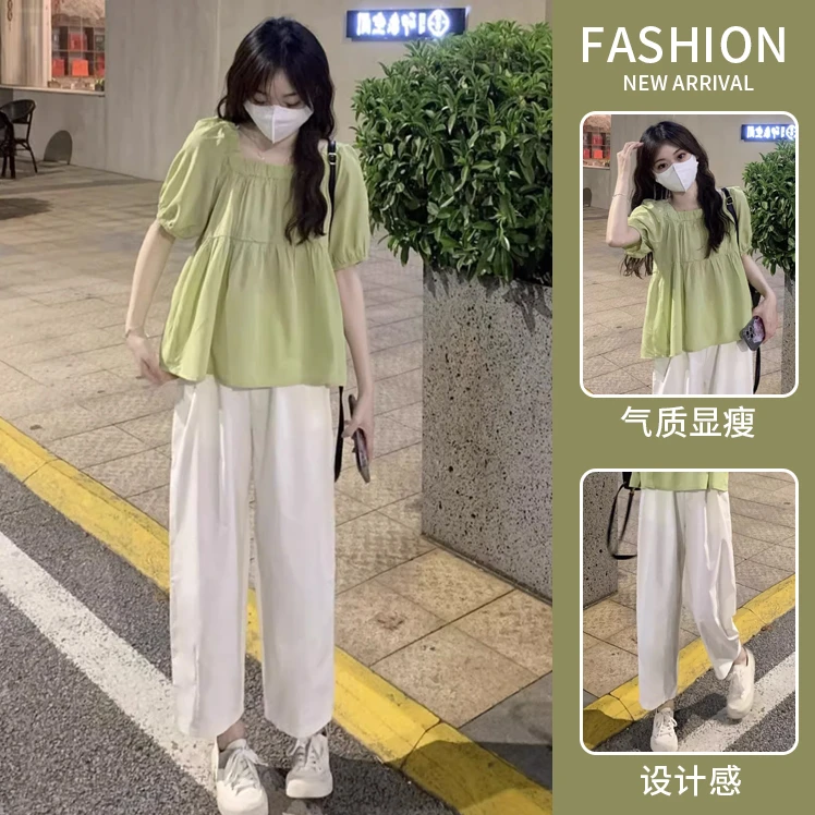 2024孕妈夏季正肩方领短袖法式设计泡泡袖方领上衣休闲宽松直筒裤