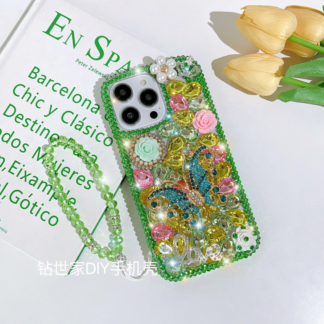 适用苹果15/华为/vivo/OPPO 炫彩蝴蝶满钻手机壳手工网红女款奢华