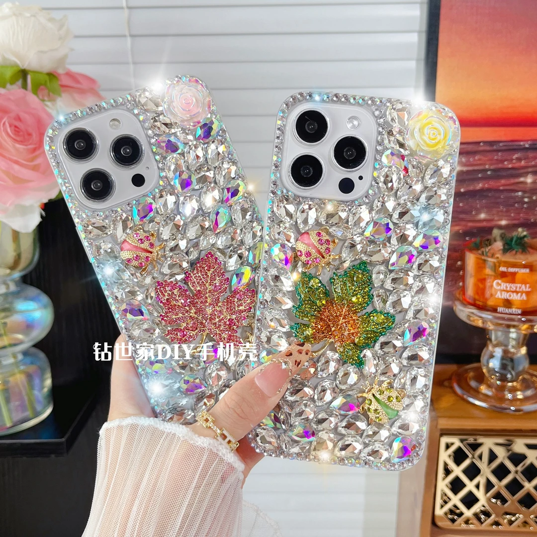 适用苹果16/华为/vivo/OPPO枫叶手工网红钻石女款创意手机壳