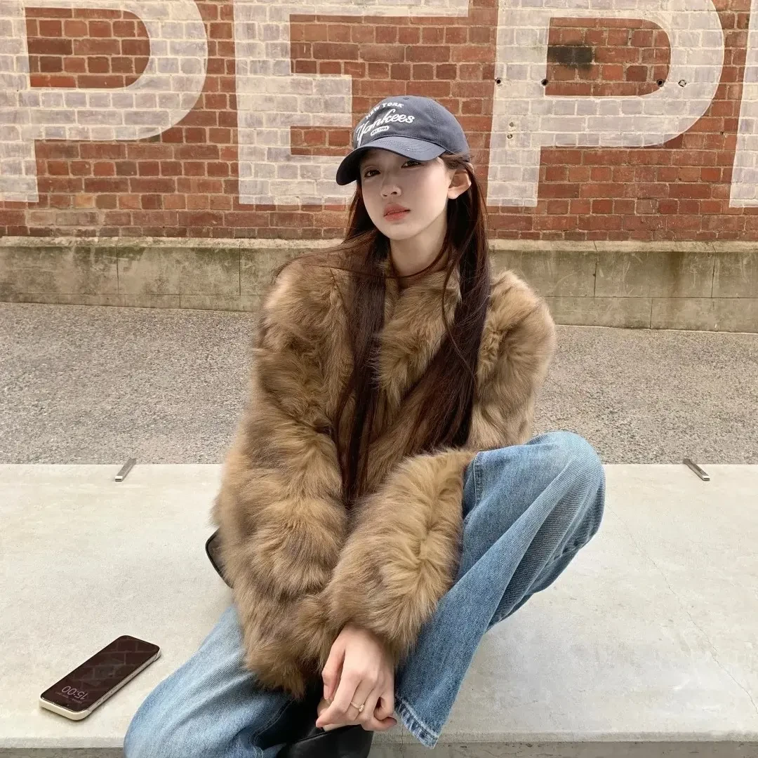 外套女士秋冬新款复古棕色美式短款毛绒皮草高级感显瘦长袖上衣