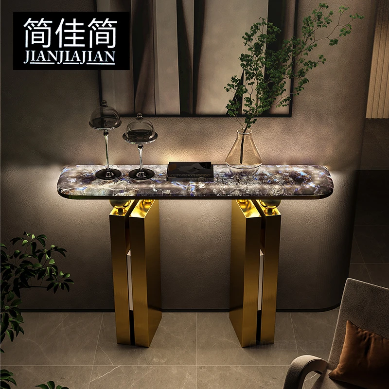 轻奢极简不锈钢发光玄关柜透光大理石入户正对门靠墙装饰桌条案台