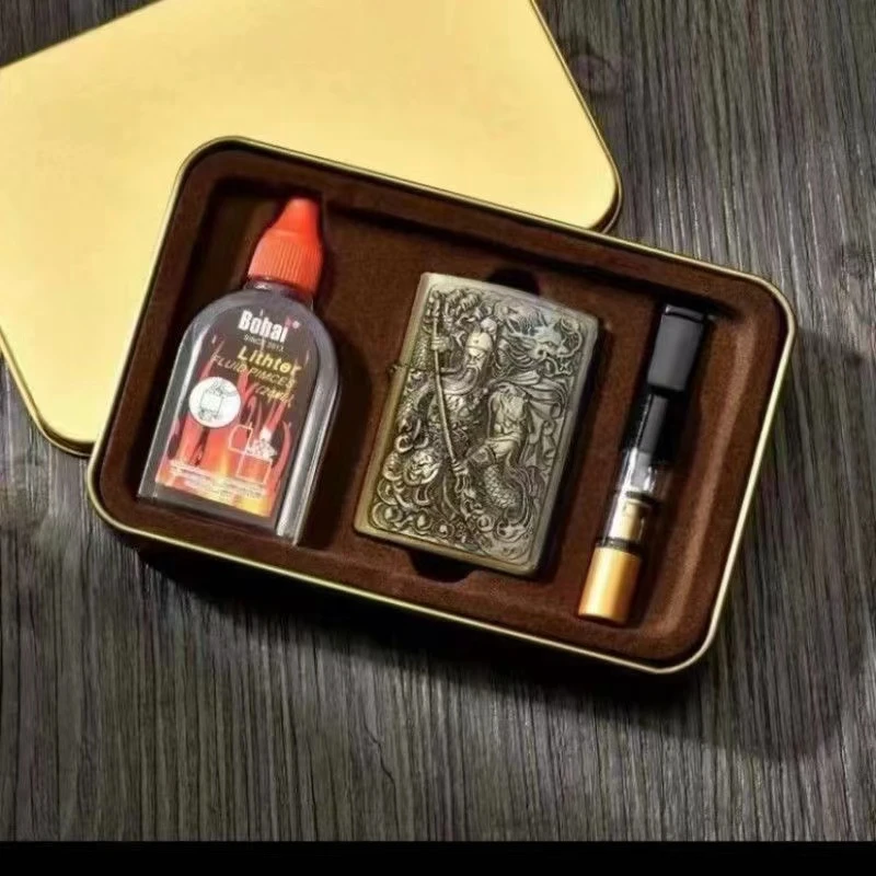 关公金属雕刻工艺复古风煤油火机套礼盒装个性盔甲机