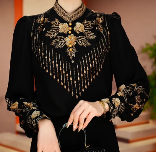 国颐 新款小立领衬衣轻奢优雅洋气减龄时尚百搭显瘦衬衫V24L266