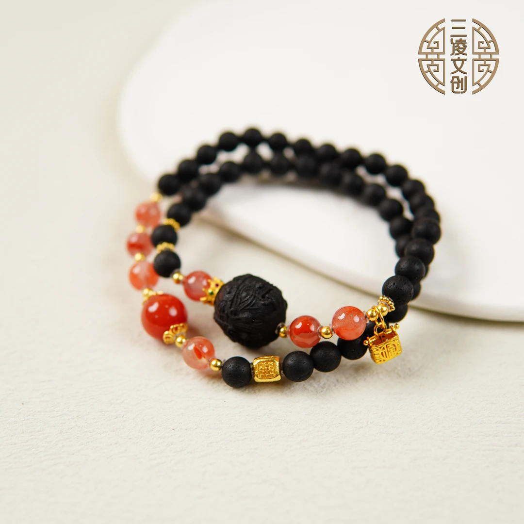 【三凌文创】6mm降真香扎基拉姆双圈手串搭配南红S925银镀金南红