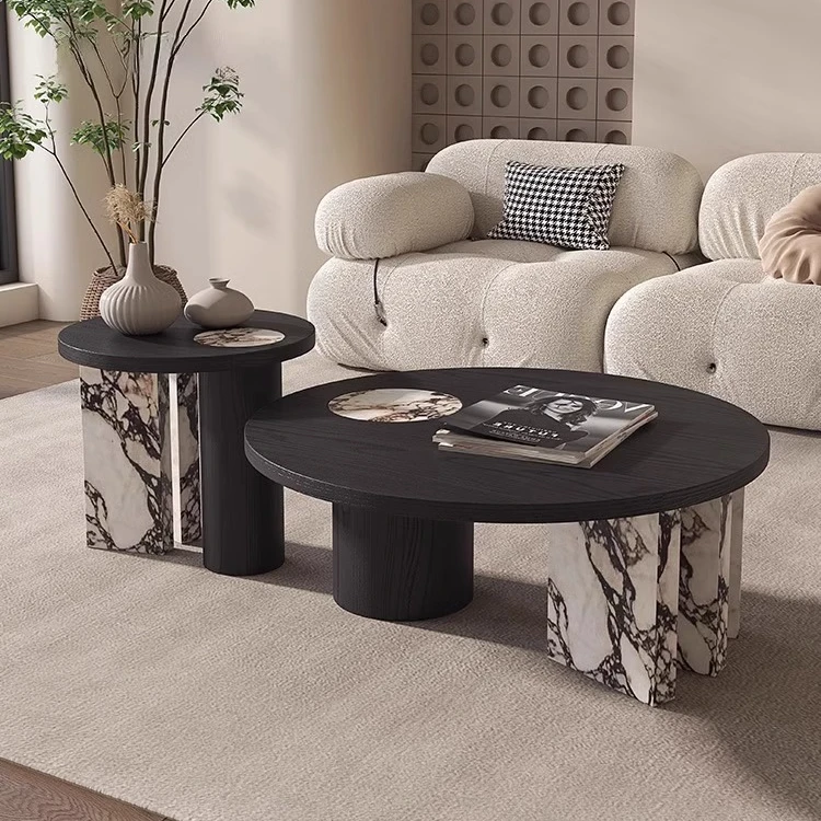 意式岩板圆形实木茶几现代简约小户型客厅北欧设计师创意高端家用