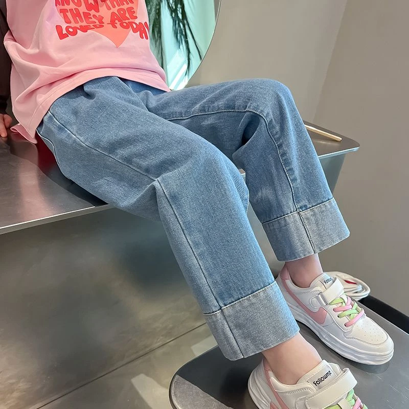 辰baby女童装直筒长儿童撞色牛仔裤女孩洋气春装休闲裤女童牛仔裤