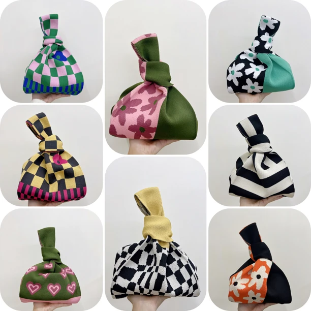 小众格子拼色针织手提包女早春夏季单肩编织时尚百搭个性休闲潮包