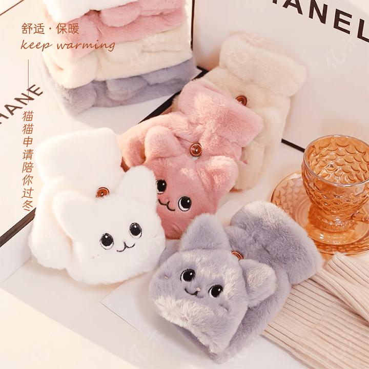 猫猫手套女秋冬时尚可爱韩版卡通加绒情侣鞋子保暖毛茸茸翻盖手套
